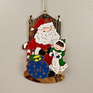 Vintage 1991 Santa Enameld Metal Ornament Holiday Christmas Child Engraved 4.5”